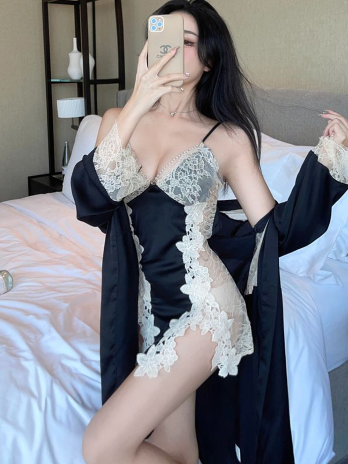 Glamorous and Exquisite Black Satin - based Nightdress Embellished with Intricate Ivory Lace Detailing and a Coordinating Long - sleeved Robe