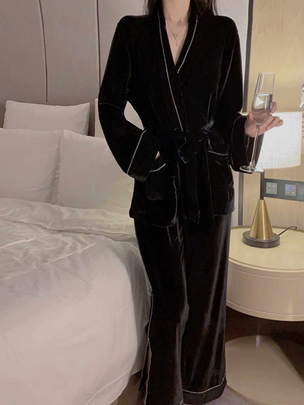 Luxurious Black Velvet Robe with Elegant White Piping