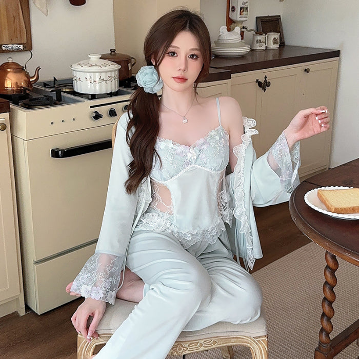Romantic Allure Light Blue Satin and Lace Three - piece Pajama Set with Delicate Floral Details for a Dreamy Night
