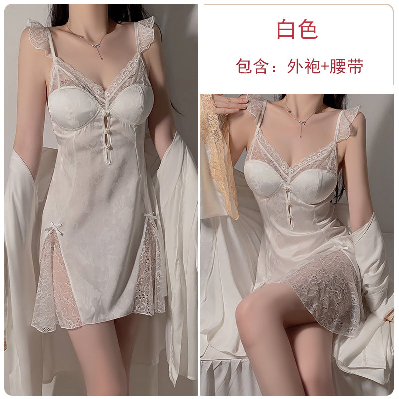 Summer new sexy pajamas women's retro print with chest pad suspenders nightgown plus size underwear ice silk home clothes