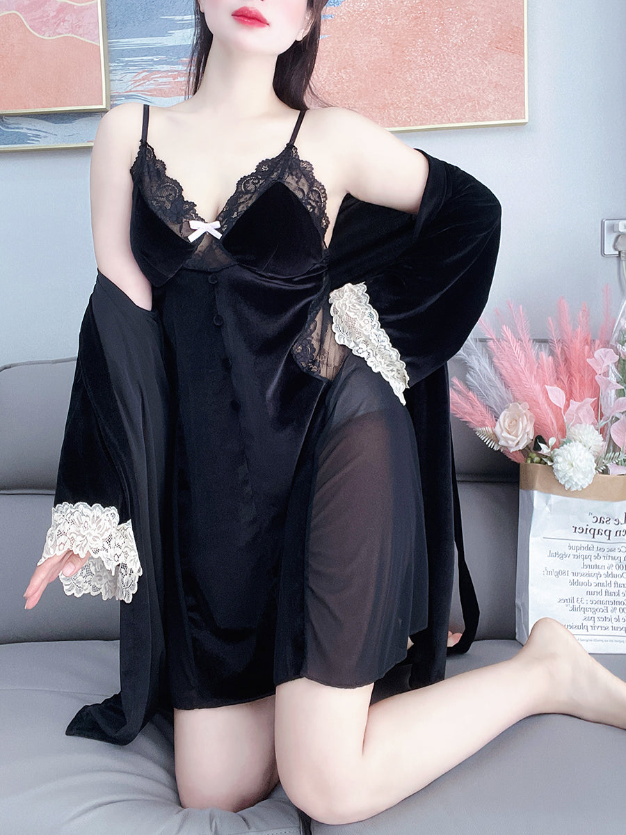 Pajamas with breast pads for women plus size fat mm autumn and winter sexy lace gold velvet nightgown nightgown two-piece home wear set