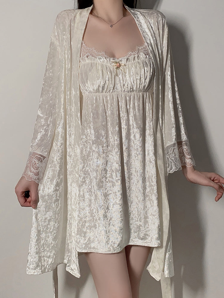 Glamorous and Graceful: Ivory Satin Babydoll with Delicate Lace Trim and Matching Long - Sleeved Robe with Lace - Paneled Cuffs Pajamas Loungewear