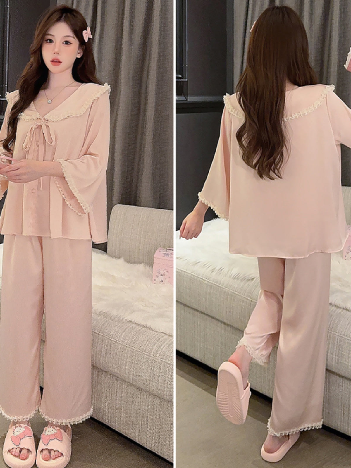 Pure desire style pajamas for women spring and autumn new style ice silk long-sleeved home clothes sweet lace palace style suit