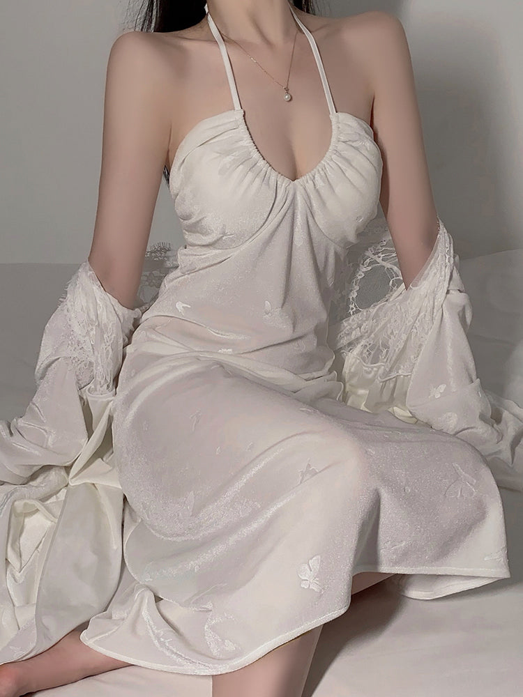 French style halter neck backless sexy pajamas for women in spring and autumn velvet pure desire with chest pad suspenders nightdress outer robe home clothes