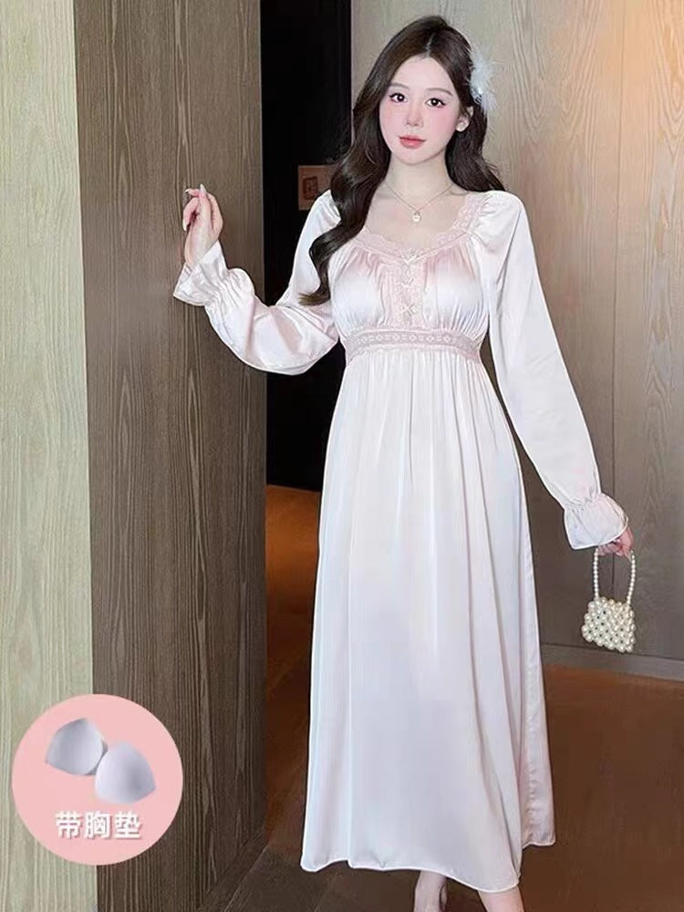 High-end Gongyan style pajamas for women, French sexy long-sleeved nightgown, spring and autumn, long ice silk home clothes with chest pads