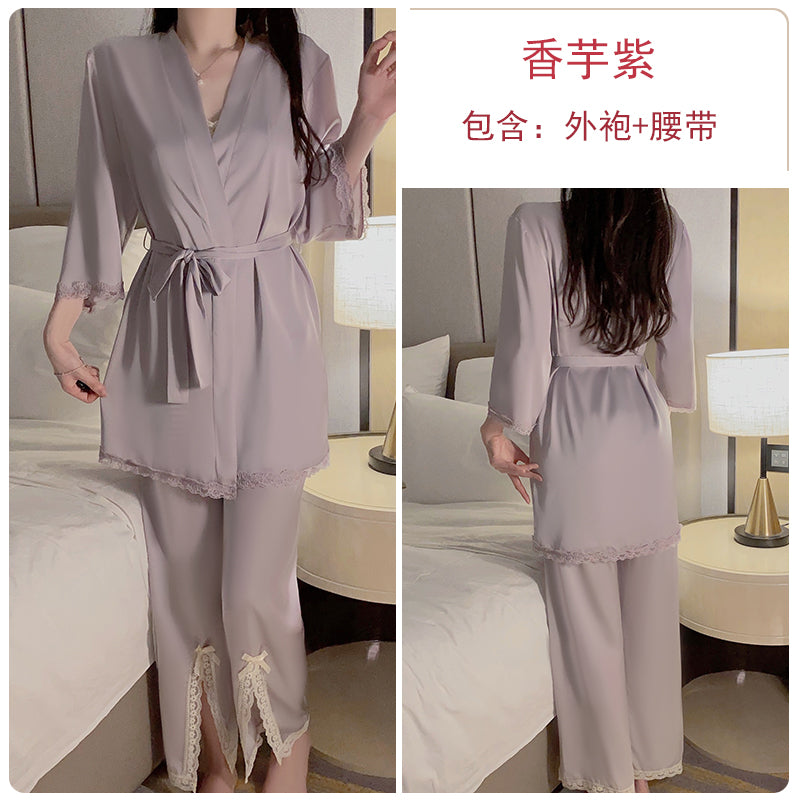 Elegant Allure: Lavender Lace - Trimmed Satin Pajama Set