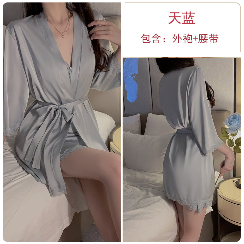 Romantic Allure: Seductive Red Sheer Lace Trimmed Camisole Nightdress with Matching Long Robe Set