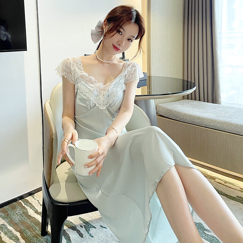 High-end sexy pajamas for women with breast pads and suspenders, summer style Internet celebrity wind ice silk thin long skirts and home clothes