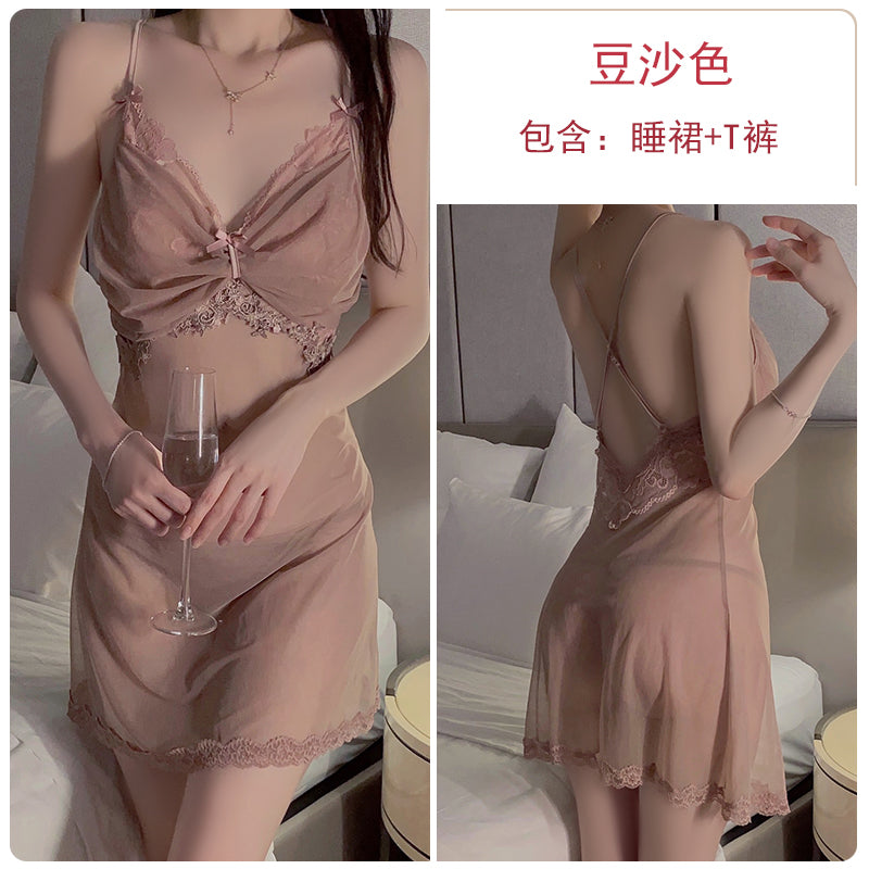 Romantic Allure: Seductive Red Sheer Lace Trimmed Camisole Nightdress with Matching Long Robe Set