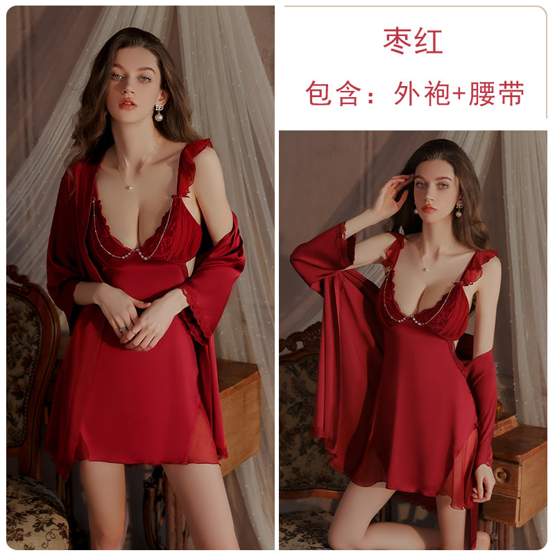 legant and Alluring: Lavender Satin and Lace Nightdress Set with Detachable Robe for a Dreamy Sleepwear Experience