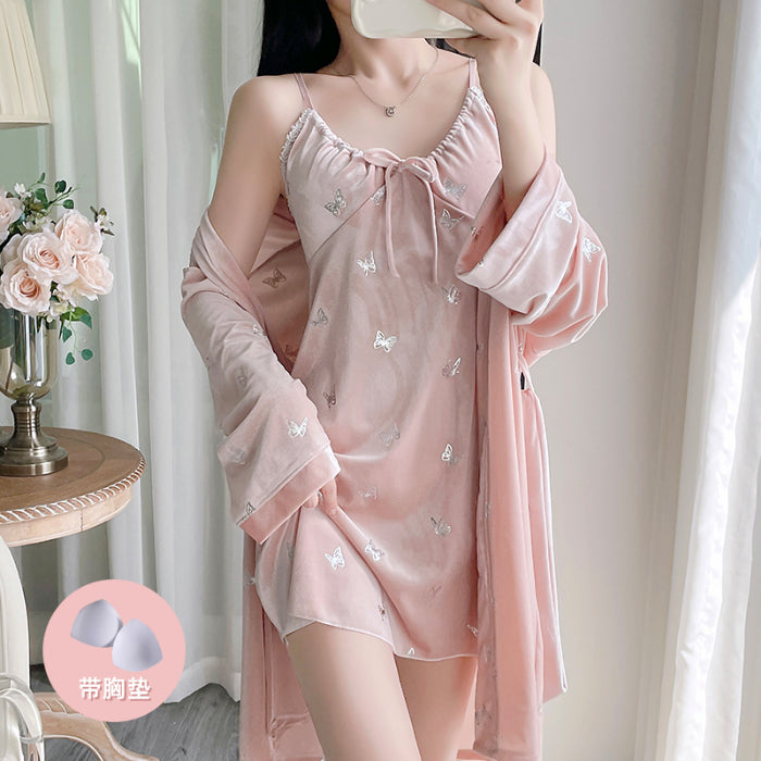 Gold velvet pajamas women autumn and winter sexy hollow hot silver butterfly suspenders chest pad nightdress long-sleeved nightgown home clothes