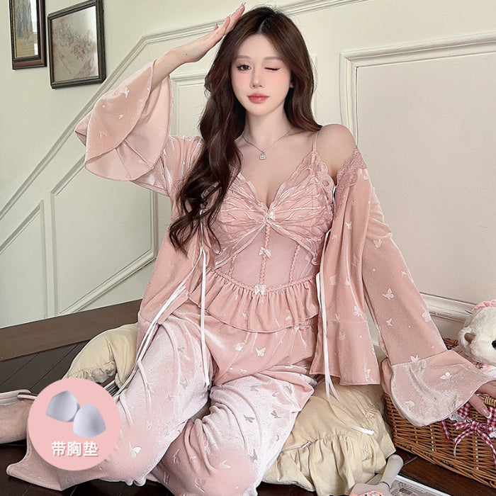 Pure sexy lace long-sleeved suspender chest pad three-piece suit autumn and winter gold velvet new pajamas and home wear