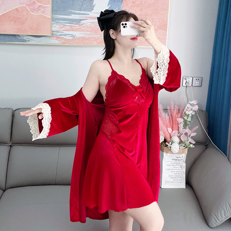 Pajamas with breast pads for women plus size fat mm autumn and winter sexy lace gold velvet nightgown nightgown two-piece home wear set