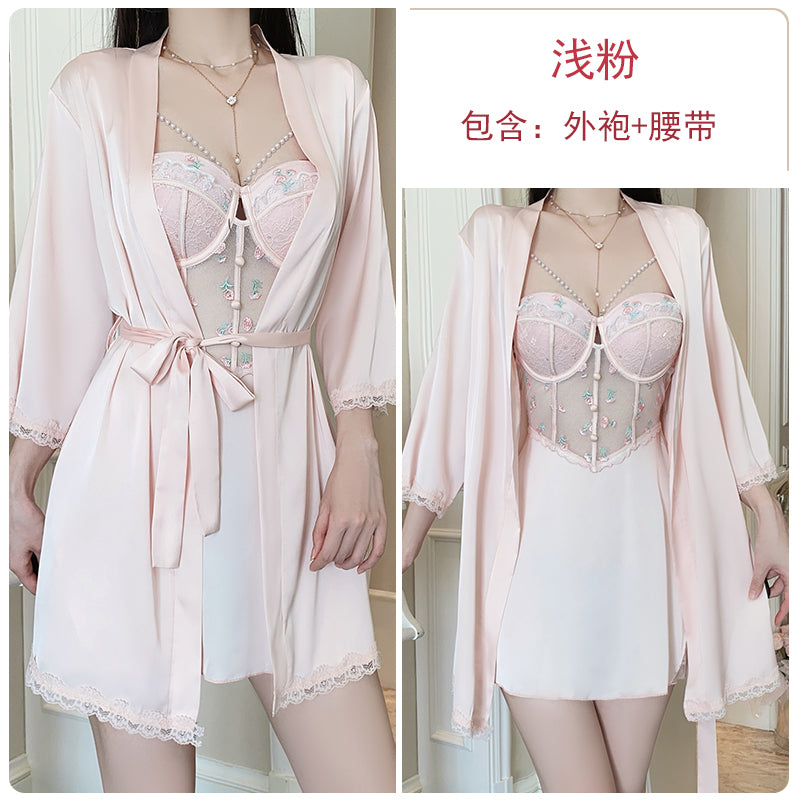 Enchanting Lavender Dream Floral - Embroidered Lace and Satin Babydoll Nightdress with Pearl Accents