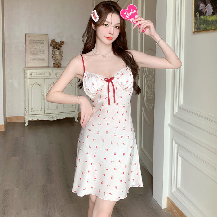 New summer hollow sling pajamas female pure desire style girl vacation sweet floral ice silk nightdress