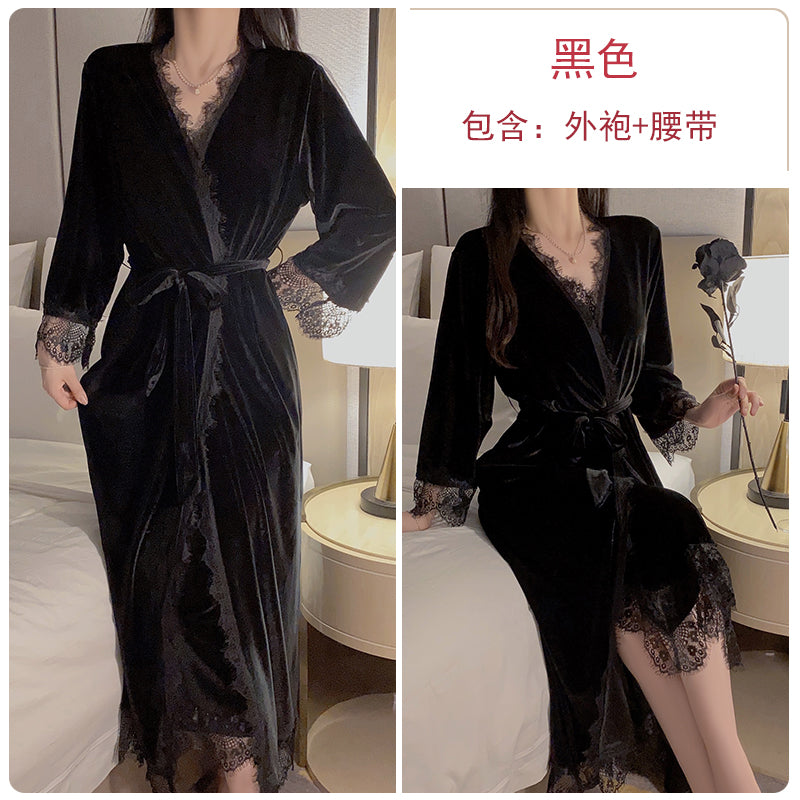 Glamorous Black Velvet Cami Nightgown with Exquisite Lace Detailing and Matching Robe - Ideal for Elegant Relaxation