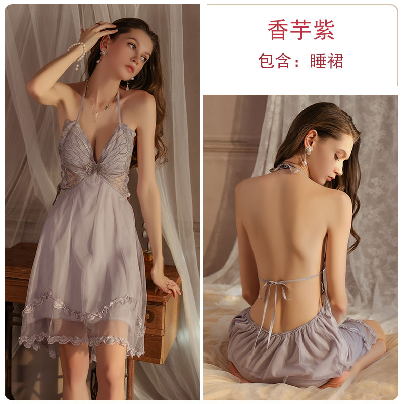 Sexy pajamas for women pure desire style butterfly with chest pad lace see-through mesh ice silk suspenders nightdress abstinence new style