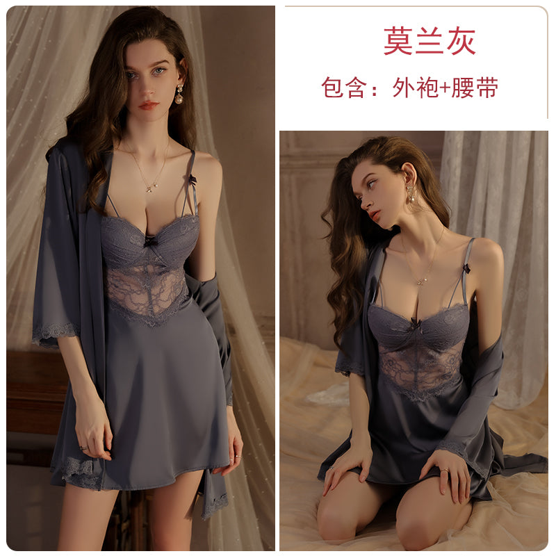 Summer new ice silk pajamas female lace temptation with chest pad gathered suspenders nightdress outer robe home clothes