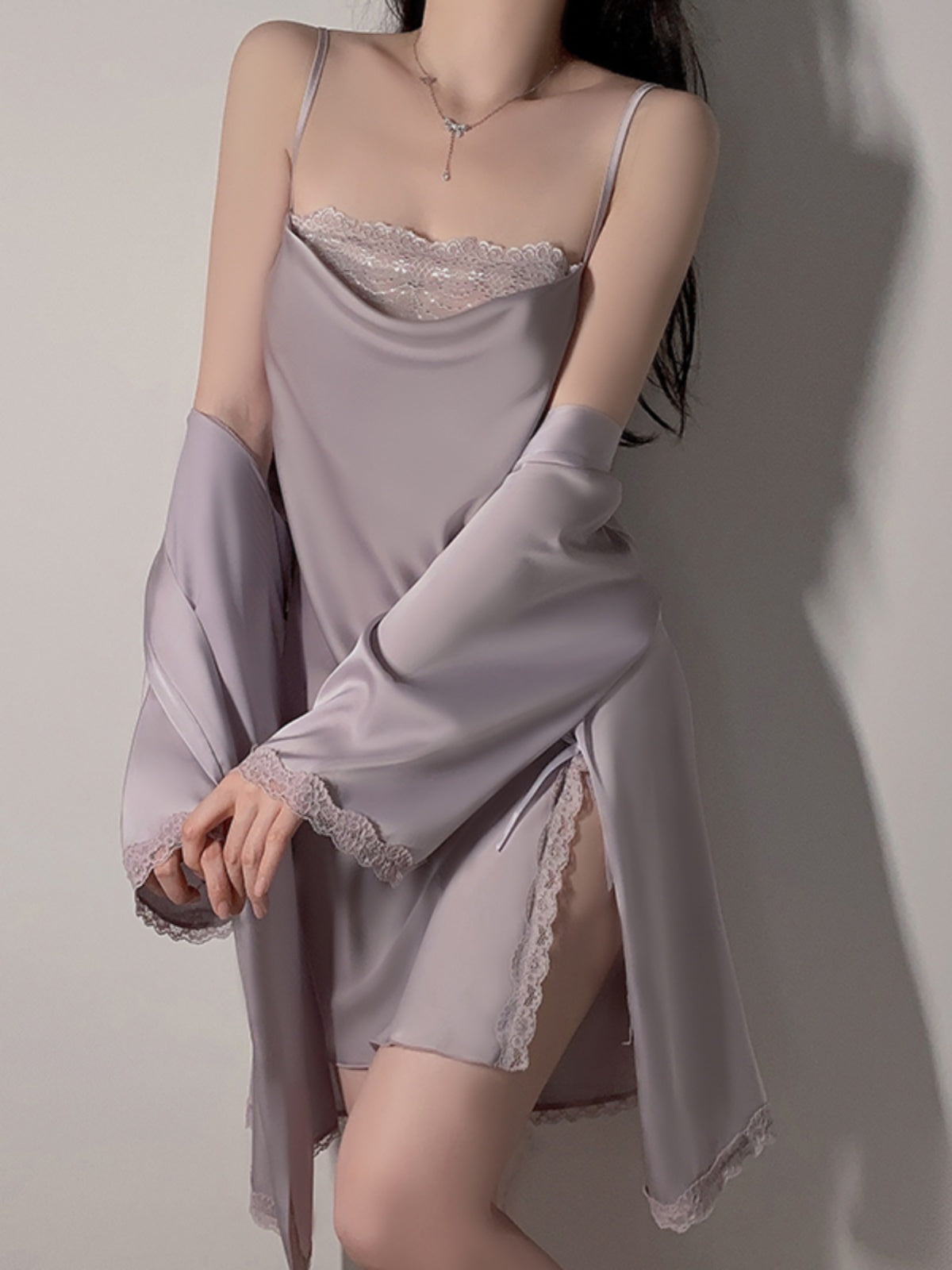 Sexy slit double-layer swing collar lace pajamas women summer French simple outer robe ice silk suspenders nightdress home clothes