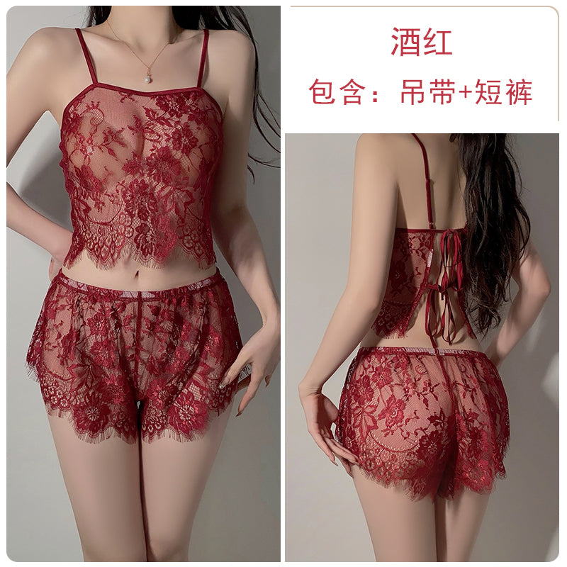 Summer Allure: Erotic and Sexy Backless Lace Pajama Set with Floral Patterns - Strappy Camisole and Shorts for a Pure - Desire Vibe