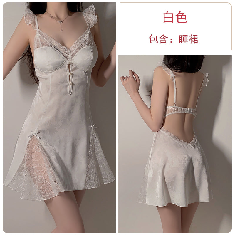 Summer new sexy pajamas women's retro print with chest pad suspenders nightgown plus size underwear ice silk home clothes
