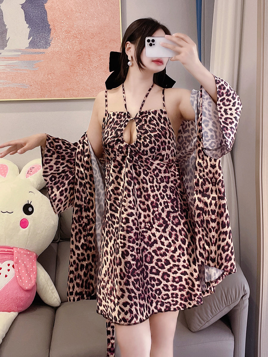 Leopard print pajamas for women plus size fat mm pure lust style sexy straps halterneck suspenders nightgown nightgown home wear two-piece set