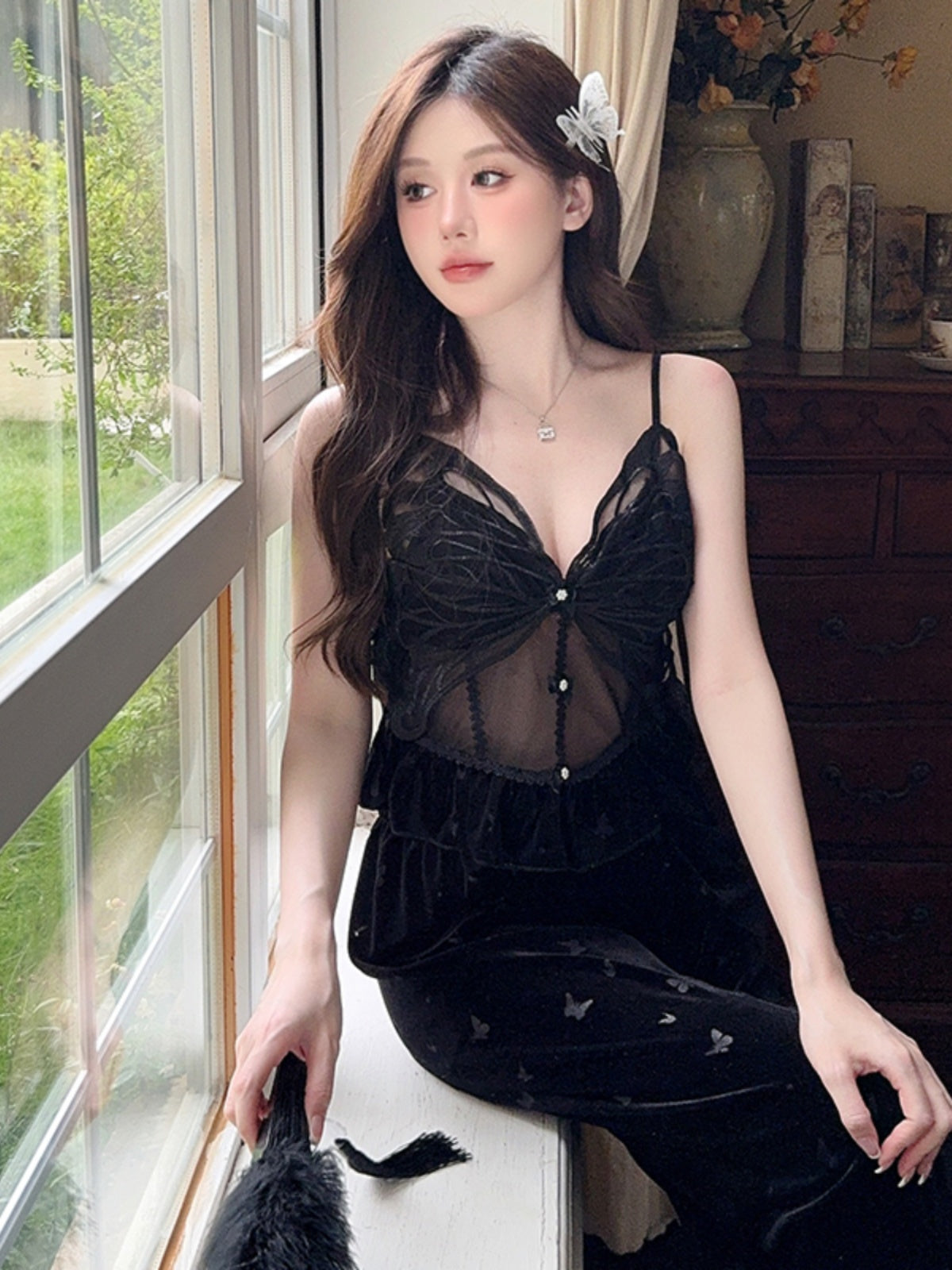 Pure sexy lace long-sleeved suspender chest pad three-piece suit autumn and winter gold velvet new pajamas and home wear