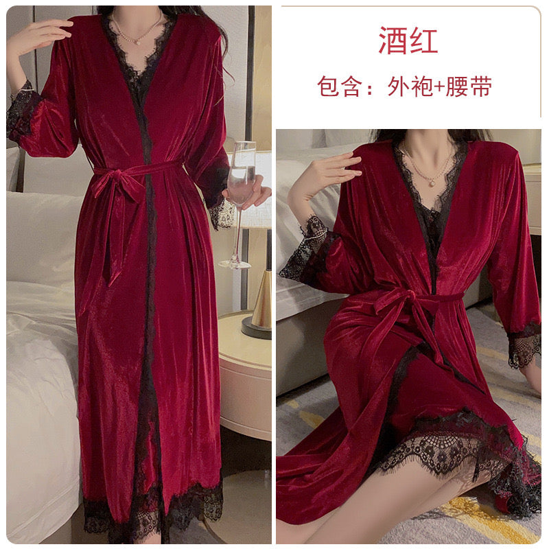 Glamorous Black Velvet Cami Nightgown with Exquisite Lace Detailing and Matching Robe - Ideal for Elegant Relaxation