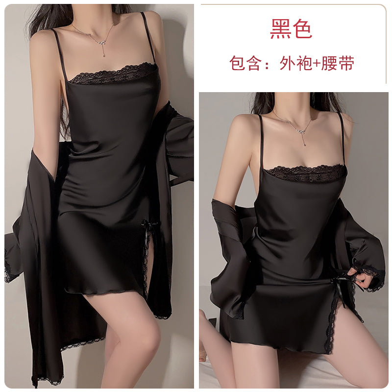 Sexy slit double-layer swing collar lace pajamas women summer French simple outer robe ice silk suspenders nightdress home clothes