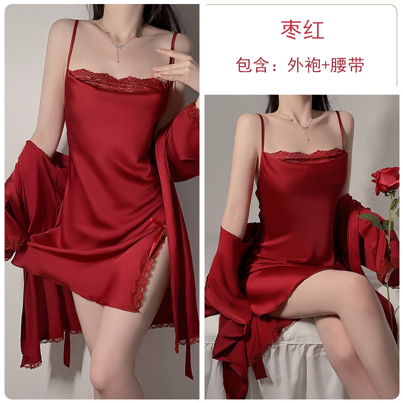Sexy slit double-layer swing collar lace pajamas women summer French simple outer robe ice silk suspenders nightdress home clothes