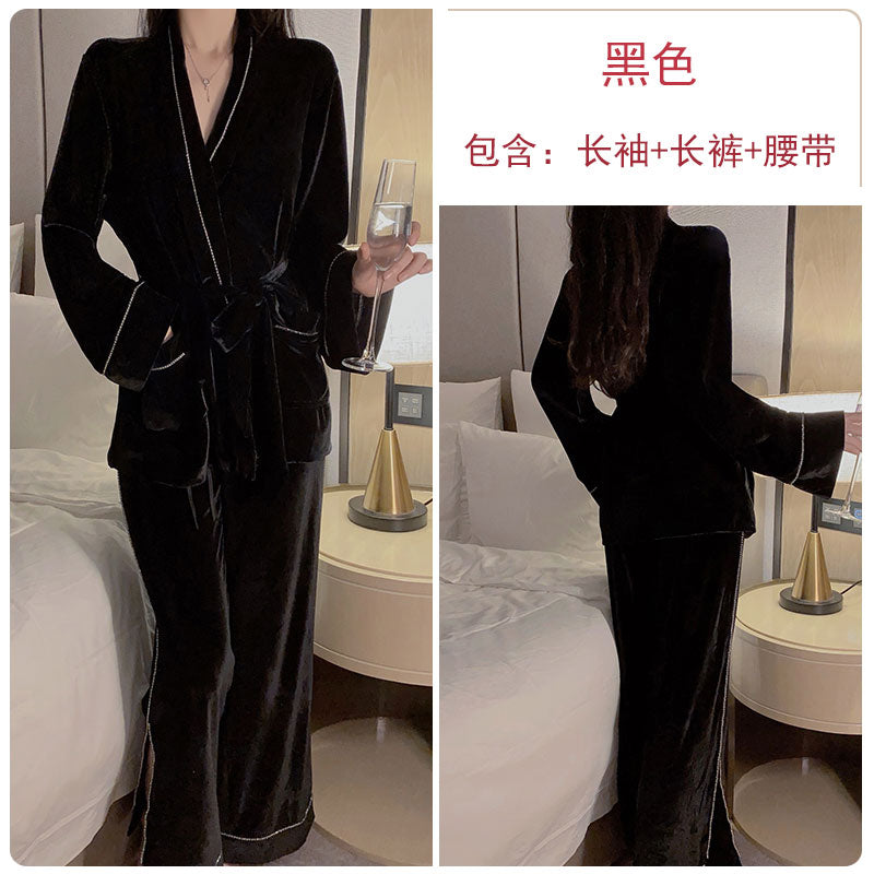Luxurious Black Velvet Robe with Elegant White Piping