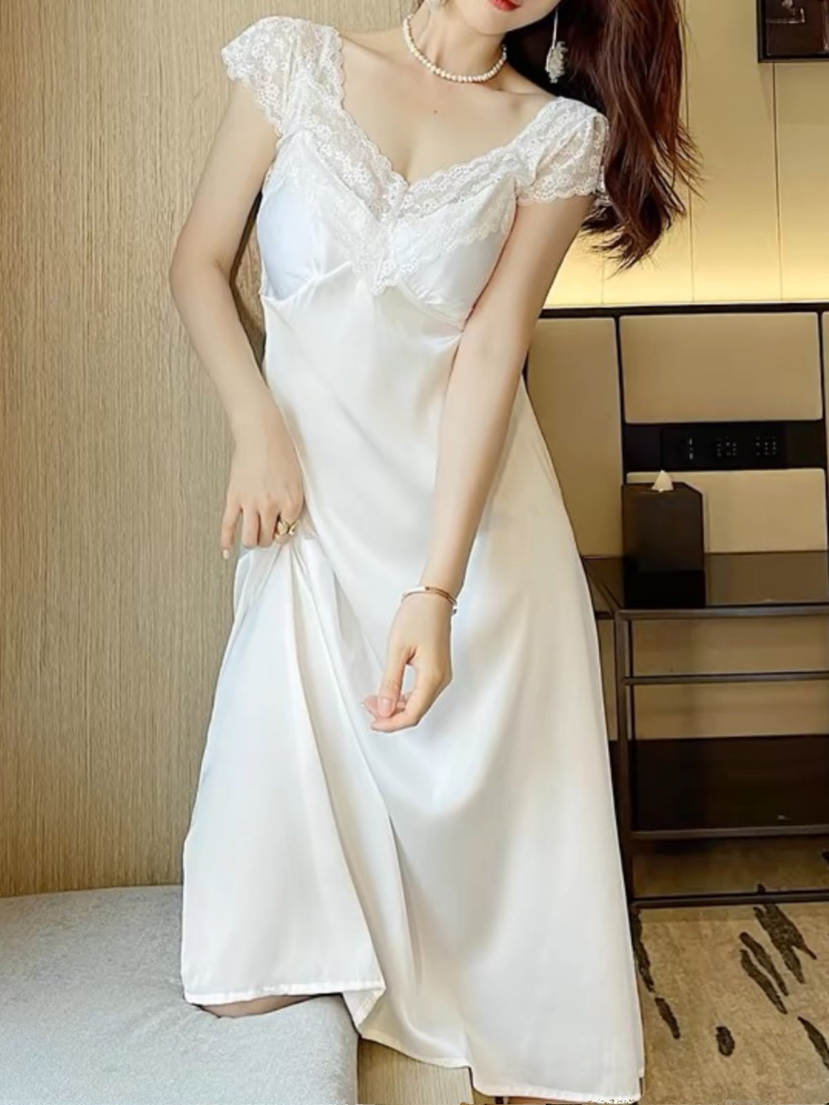 High-end sexy pajamas for women with breast pads and suspenders, summer style Internet celebrity wind ice silk thin long skirts and home clothes
