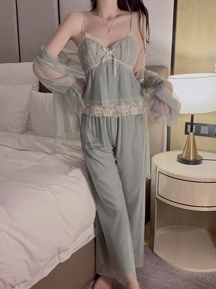 Pajamas with breast pads, feminine mesh, sweet suspenders, trousers, robes, three-piece set, home clothes, spring and summer new style