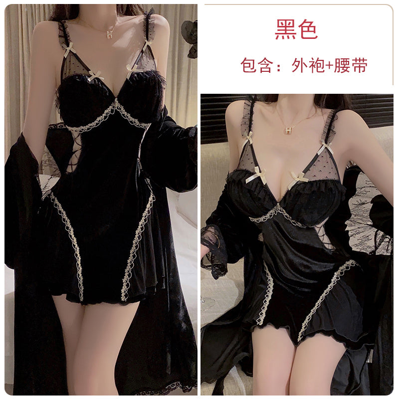 Exquisitely Feminine Ivory Lace - Trimmed Satin Nightdress with Ruffle and Bow Details