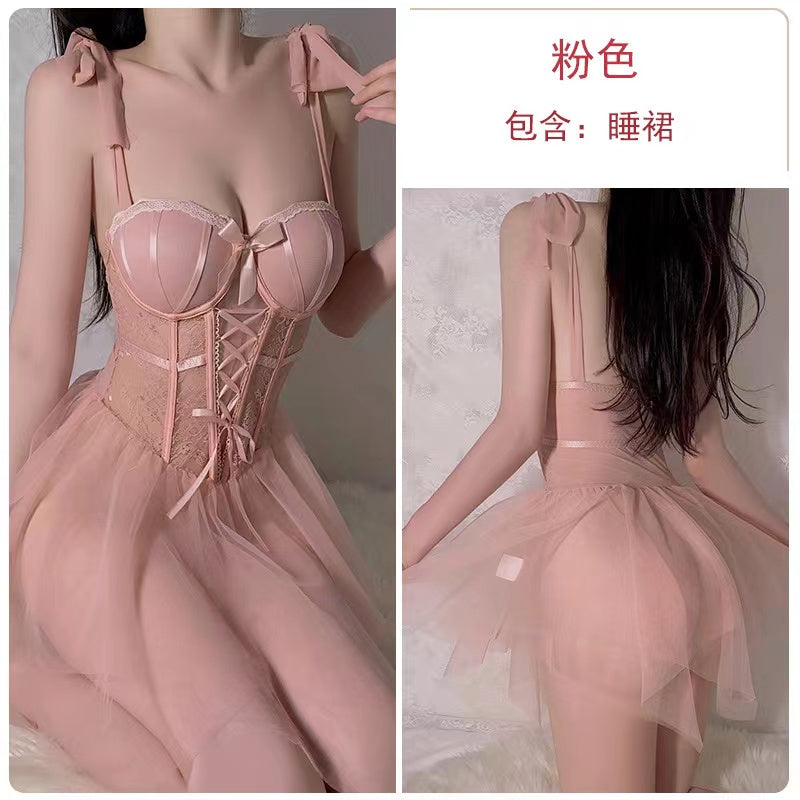 Exquisitely Seductive Red Satin and Lace Babydoll Homewear Chemise with Corset - inspired Detailing Pajamas
