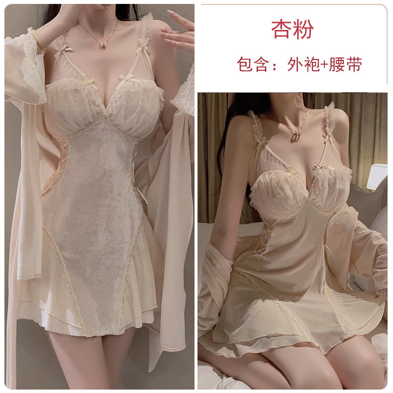 Exquisitely Feminine Ivory Lace - Trimmed Satin Nightdress with Ruffle and Bow Details