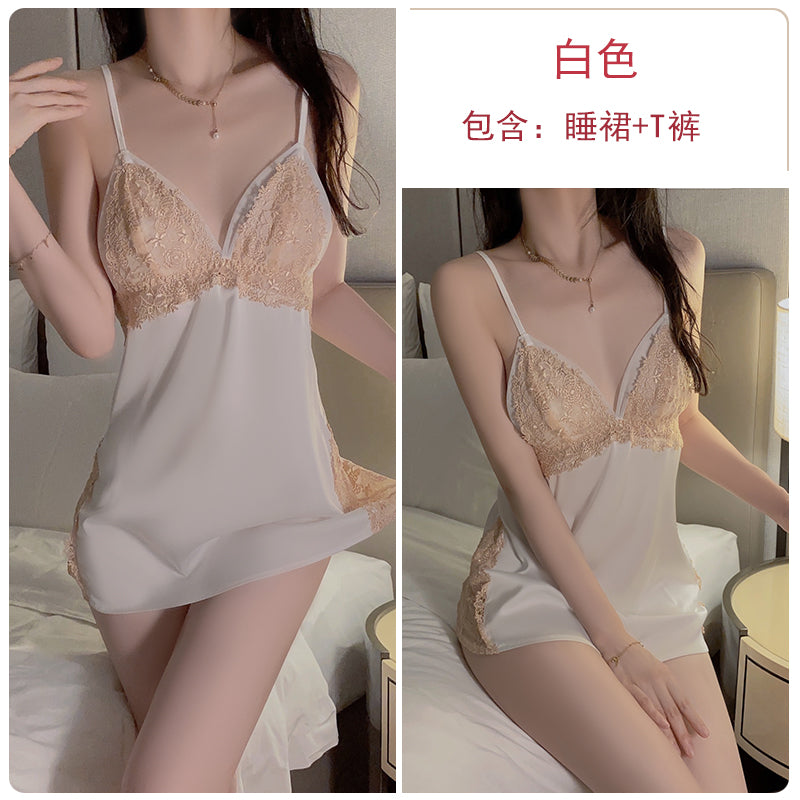 French sexy pajamas for women summer ice silk pure desire backless lace suspender nightgown home wear spring and autumn new style