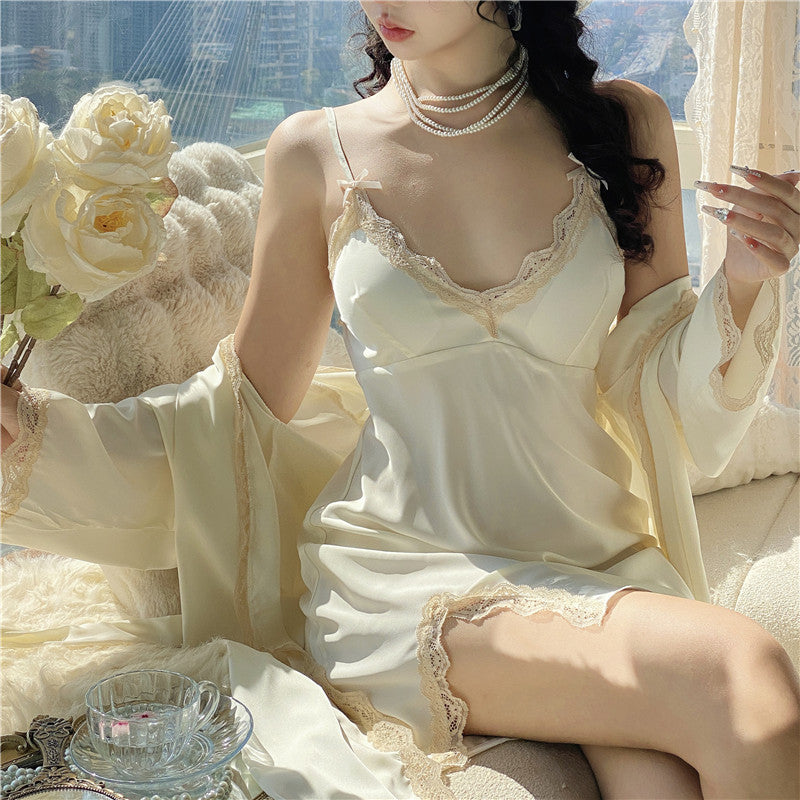 Sexy pajamas for women in spring and summer new style high-end ice silk thin solid color slit with chest pad suspenders nightgown