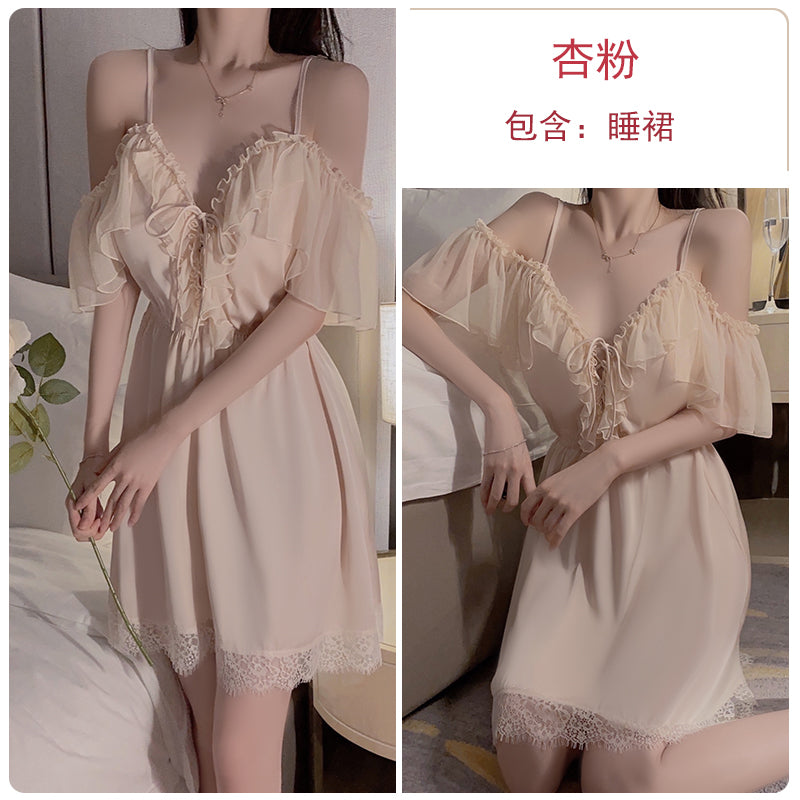 Sexy pajamas for women in spring and summer, pure lust, sweet lace with breast pads, ice silk thin two-wear suspender nightgown, high-end feel