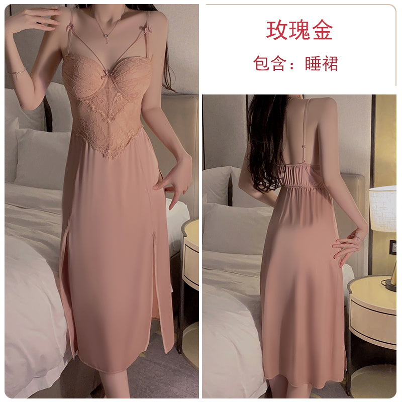 Sexy Black Satin Cami Nightgown with Delicate Lace Insertion and High Side - Slit, Perfect for Bedroom Glamour