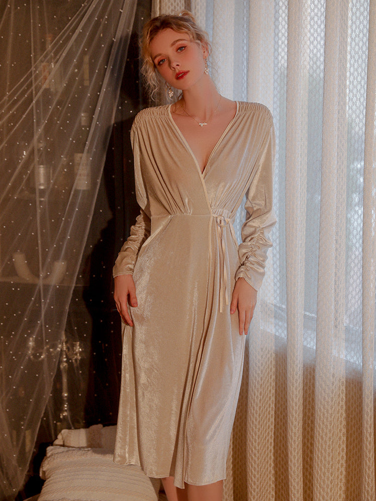 Glamorous and Cozy Long - Sleeve Pink Velvet Wrap Dress with V - Neck, Drawstring Waist, and Side Slit Pajamas