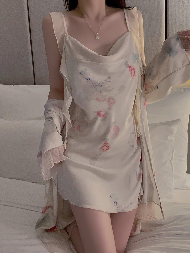 Charming Pastel Floral Print Satin Cami Nightdress with Sheer Robe - Effortless Elegance for Relaxing Evenings