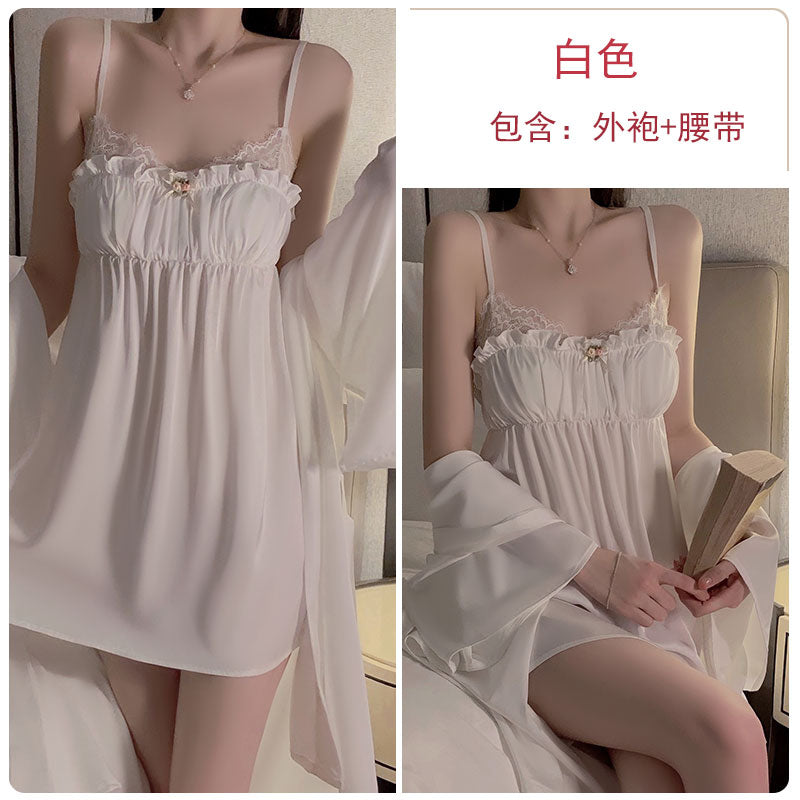 French pure lust style pajamas for women summer ice silk sweet lace with breast pads gathered sexy suspender nightgown home clothes