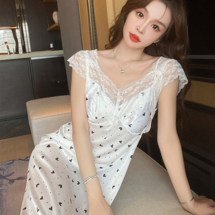 High-end sexy pajamas for women with breast pads and suspenders, summer style Internet celebrity wind ice silk thin long skirts and home clothes