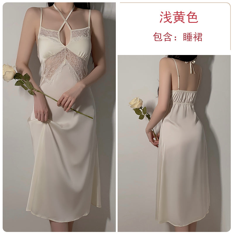 Alluring and Graceful: Flesh - toned Satin Lingerie Dress with Exquisite Lace Inserts, Cross - Halter Design, Paired with a Flowy Long Robe