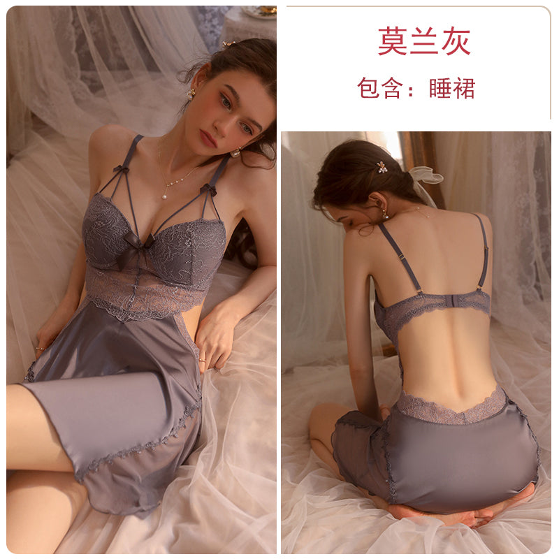 Seductive Black Lace - Paneled Satin Cami Babydoll Nightdress with Strappy Details for a Charming Look