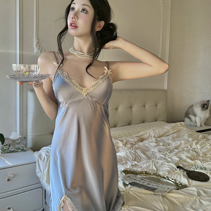 Sexy pajamas for women in spring and summer new style high-end ice silk thin solid color slit with chest pad suspenders nightgown