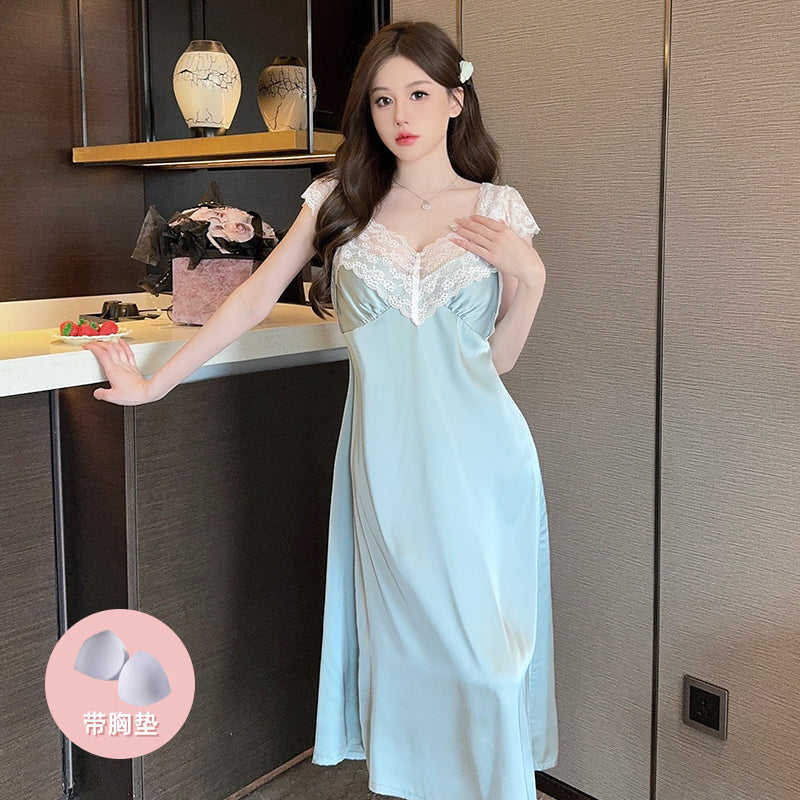 Sexy pajamas women summer ice silk light luxury palace extended style with chest pad lace suspender nightdress new spring and autumn style