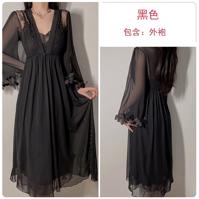 Sexy pajamas for women pure desire mesh temptation with chest pads gathered long suspender nightdress outer robe home clothes spring and summer