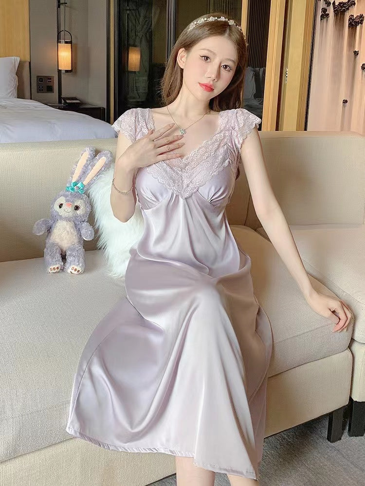 High-end sexy pajamas for women with breast pads and suspenders, summer style Internet celebrity wind ice silk thin long skirts and home clothes